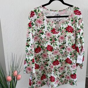 🌴Coral Bay Festive Red and Green Poinsettias Desig 3/4 Sleeve Women Top Size 3X